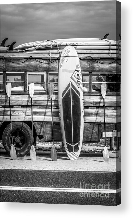 America Acrylic Print featuring the photograph Hang Ten - Vintage Woodie Surf Bus - Florida - Black and White by Ian Monk