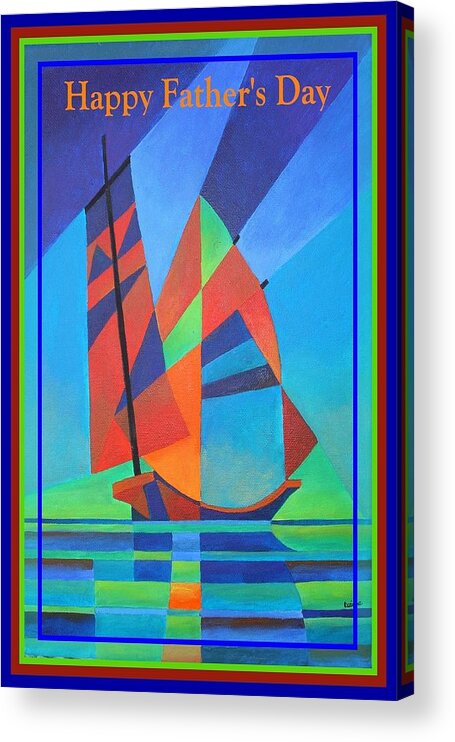 Greeting Acrylic Print featuring the painting Happy Father's Day Cubist Abstract Junk Boat Against Deep Blue Sky by Taiche Acrylic Art