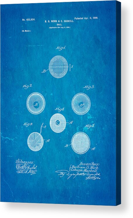 Famous Acrylic Print featuring the photograph Haskell Wound Golf Ball Patent 1899 Blueprint by Ian Monk