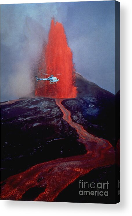 Nature Acrylic Print featuring the photograph Helicopter And Lava Fountain At Kilauea by Douglas Peebles