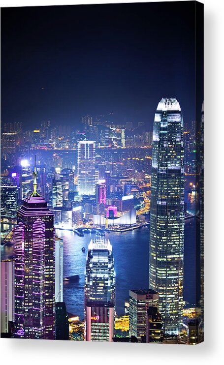 Chinese Culture Acrylic Print featuring the photograph Hong Kong Skyline At Night by Tomml