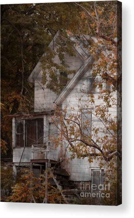 Abandoned; Home; House; Old; Farmhouse; Spooky; Peeling Paint; Derelict; Neglected; Sidewalk; Creepy; Dark; Entrance; Stairs; Door; Haunted; Porch; Eerie; Scary; Ruin; Mood; Gloomy; Rural Acrylic Print featuring the photograph House in Fall by Margie Hurwich