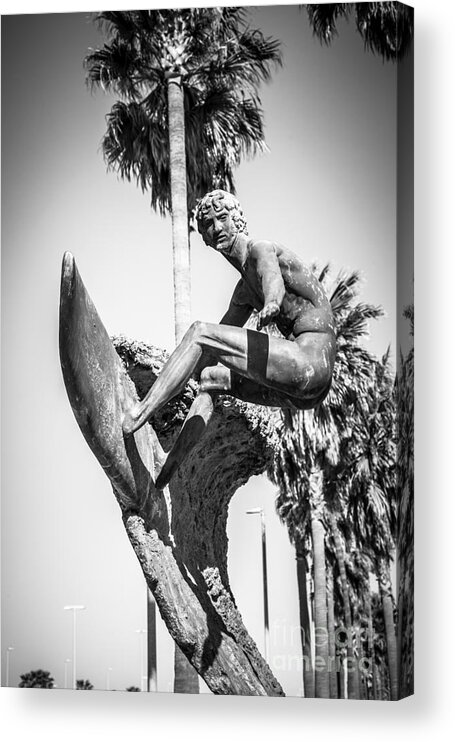 America Acrylic Print featuring the photograph Huntington Beach Surfer Statue Black and White Picture by Paul Velgos