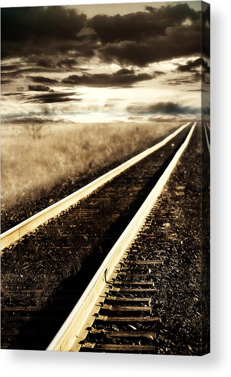 Railroad Tracks Acrylic Print featuring the photograph Into the Sunset by Rebecca Cozart