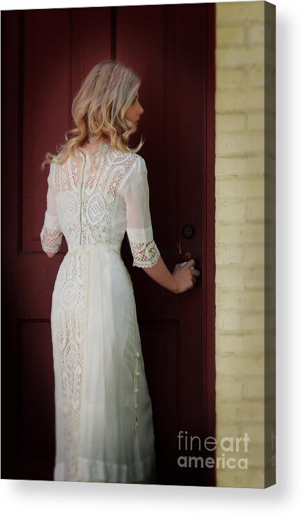 Woman Acrylic Print featuring the photograph Lady in Edwardian Dress Opening a Door by Jill Battaglia