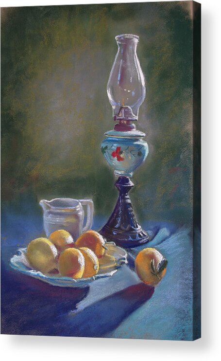Lynda Robinson Acrylic Print featuring the painting Lamp and Lemons Still Life by Lynda Robinson