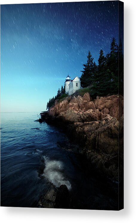 Water's Edge Acrylic Print featuring the photograph Lighthouse On Starry Night by Photographer3431
