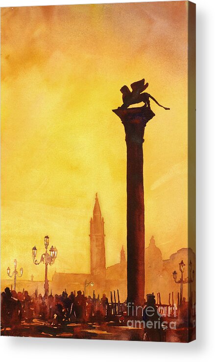 Statue Acrylic Print featuring the painting Lion of San Marco Sunset by Ryan Fox
