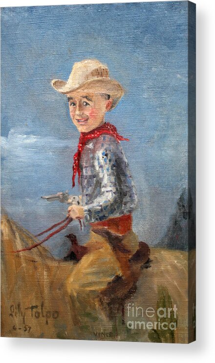 Boy Acrylic Print featuring the painting Little Cowboy - 1957 by Art By Tolpo Collection