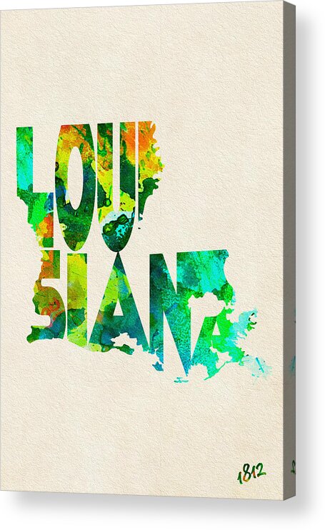 Louisiana Acrylic Print featuring the painting Louisiana Typographic Watercolor Map by Inspirowl Design