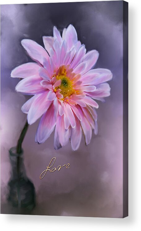 Pink Flower. Valentine Flower Greeting Card. Green Stem In Old Bottle Vase. Texture. Canvas. Photography. Fine Art. Print. Poster. Greeting Card. Valentines Greeting Card. Digital Art. Painting. Phone Case. Acrylic Print featuring the painting Love by Mary Timman