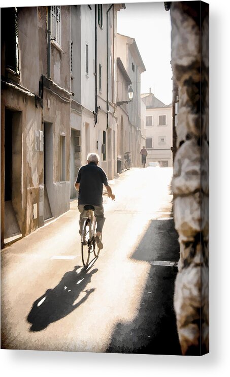 B&w Acrylic Print featuring the photograph Man riding bicycle in street in Puerto Pollenca by Neil Alexander Photography