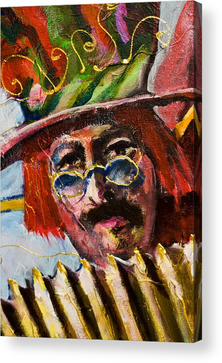 Male Face Acrylic Print featuring the painting Man with accordion-detail from Three Red Musicians by Maxim Komissarchik