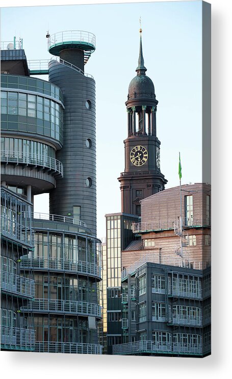 Clock Tower Acrylic Print featuring the photograph Michel In Hamburg by Mh-fotos