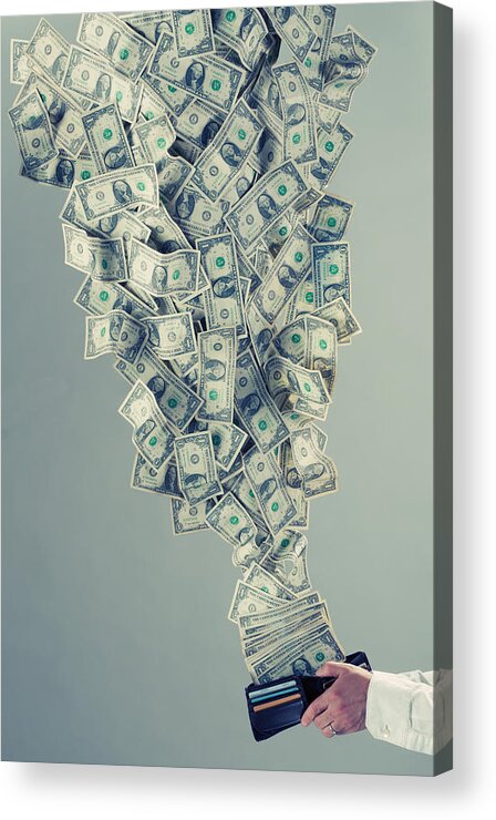 Debt Acrylic Print featuring the photograph Money flying out of man's wallet by PM Images