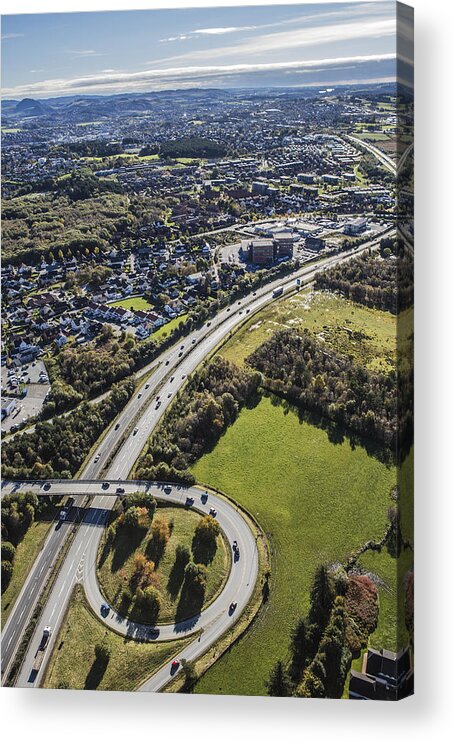 Suburb Acrylic Print featuring the photograph Motorway Splitting City From Farmland by Sindre Ellingsen
