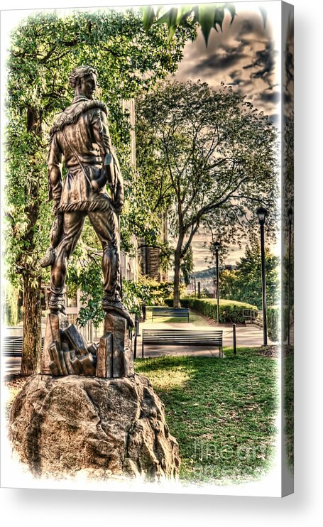 Mountaineer Statue Acrylic Print featuring the photograph Mountaineer statue at Lair by Dan Friend