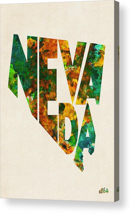 Nevada Acrylic Print featuring the painting Nevada Typographic Watercolor Map by Inspirowl Design