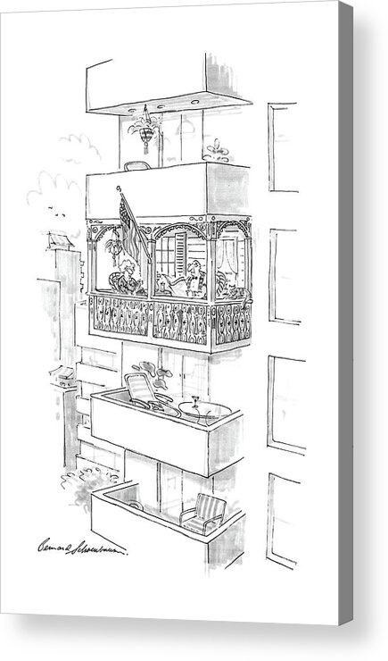 No Caption
High Rise With Completely Modular Terraces Except One Which Is Made To Look Like The Porch To A Victorian House. On It Acrylic Print featuring the drawing New Yorker August 3rd, 1987 by Bernard Schoenbaum