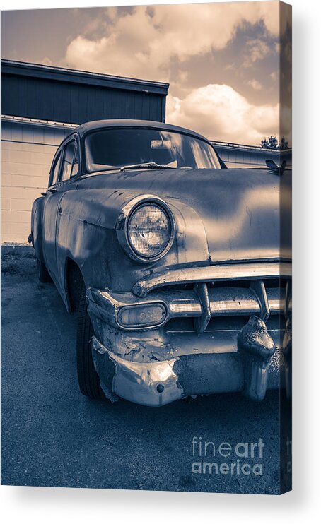 Car Acrylic Print featuring the photograph Old car in front of garage by Edward Fielding