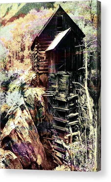 Mill Compressor air Compressor water Wheel Colorado Vertical Wood Wooden Landscape Vintage crystal Colorado Historic historic Site Forest Trees log Cabin Cabin Log old Mill crystal Mill dead Horse Mill lost Horse Millsite lost Horse Mill sheep Mountain Power House Miner Miners Powerhouse Historical silver Mines Silver Acrylic Print featuring the photograph Old Crystal Mill Crystal Colorado by Paula Ayers