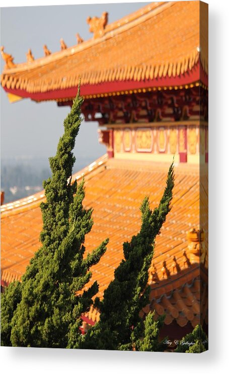 Hsi Lai Temple Acrylic Print featuring the photograph On Top Of the Roof by Amy Gallagher