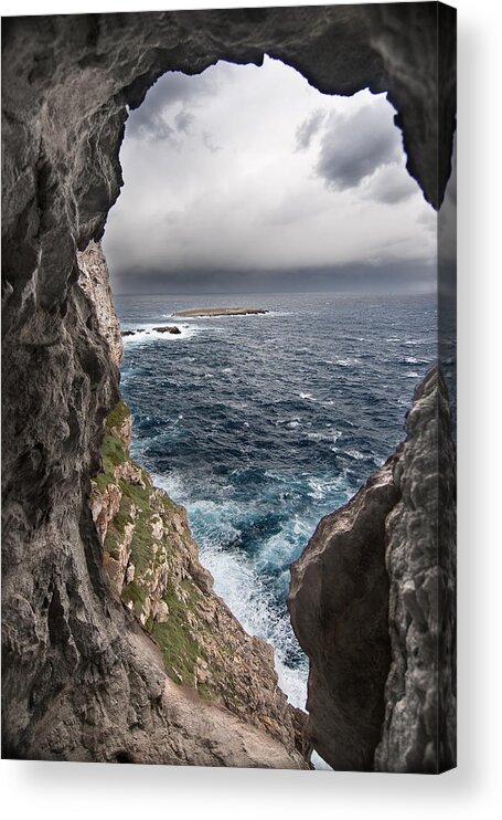Background Acrylic Print featuring the photograph A natural window in Minorca north coast discover us an impressive view of sea and sky - Open window by Pedro Cardona Llambias
