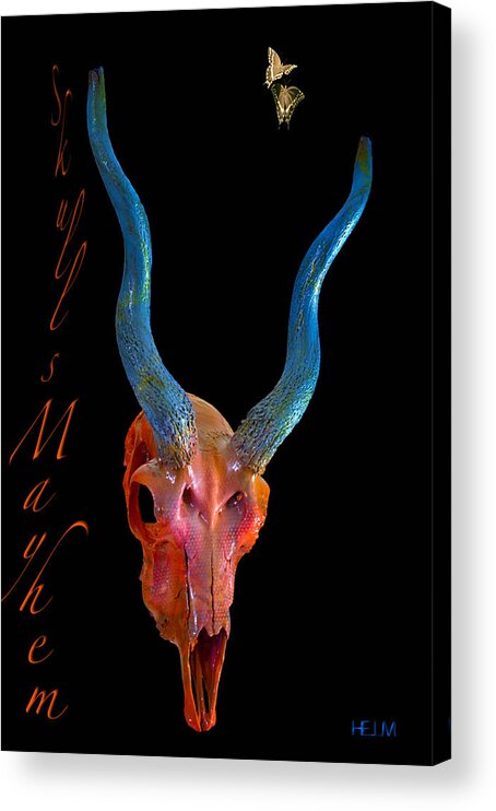 Blackbuck Art Acrylic Print featuring the mixed media Orange and Blue Illuminating Blackbuck Skull by Mayhem Mediums