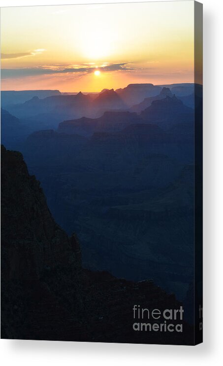 Travelpixpro Grand Canyon Acrylic Print featuring the digital art Orange Sunset Twilight over Silhouetted Spires in Grand Canyon National Park Diffuse Glow Vertical by Shawn O'Brien