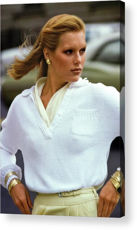 Fashion Acrylic Print featuring the photograph Patti Hansen Wearing A White Sweater by Arthur Elgort