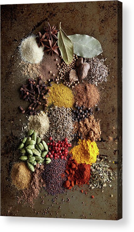 San Francisco Acrylic Print featuring the photograph Piles Of Various Spices On Metal Surface by Maren Caruso