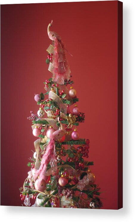 Christmas Card Acrylic Print featuring the photograph Pink Peacock Christmas Tree by Suzanne Powers