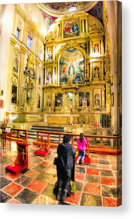 Puebla Acrylic Print featuring the photograph Praying at the Altar in Puebla Cathedral by Mark Tisdale
