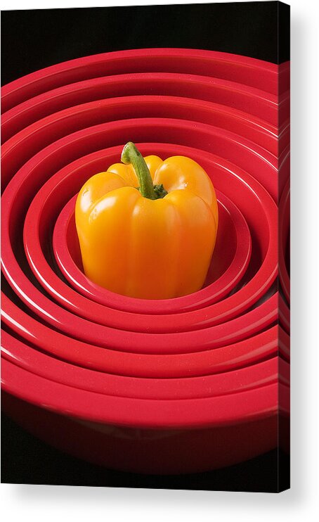 Red Bowls Acrylic Print featuring the photograph Red bowls and pepper by Garry Gay