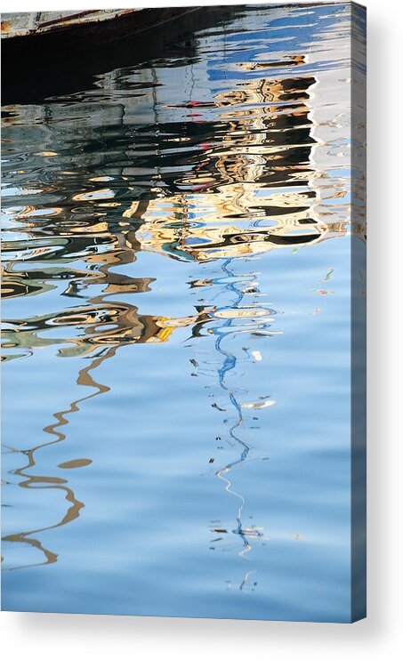 Water Italy Reflections Boats White Blue Acrylic Print featuring the photograph Reflections - white by Susie Rieple
