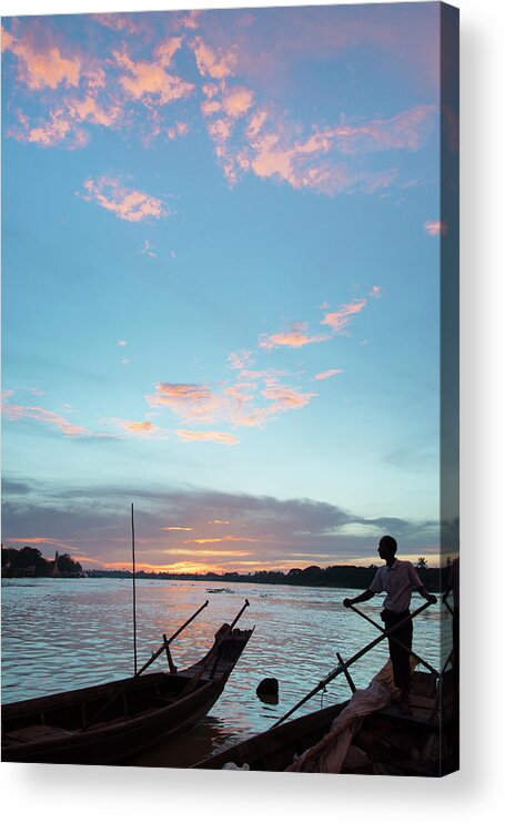 Scenics Acrylic Print featuring the photograph River Ferry At Sunset. Pathein.myanmar by Eitan Simanor