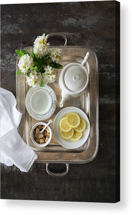 Silver Colored Acrylic Print featuring the photograph Room Service, Tea Tray With Lemons by Pam Mclean
