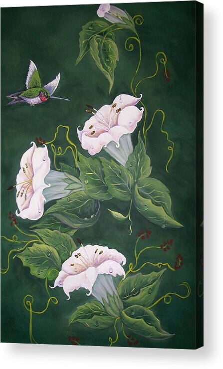 Hummingbird Acrylic Print featuring the painting Hummingbird and Lilies by Sharon Duguay