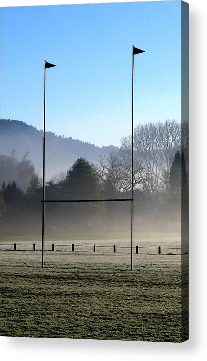 Mist Frost Park Goalpost Rugby Pitch Field Hills Winter Sun Cold Morning Sunrise Flags League Union Try Scrum Conversion All Blacks Acrylic Print featuring the photograph Rugby season by Guy Pettingell