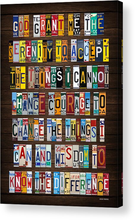 Serenity Prayer Acrylic Print featuring the mixed media Serenity Prayer Reinhold Niebuhr Recycled Vintage American License Plate Letter Art by Design Turnpike