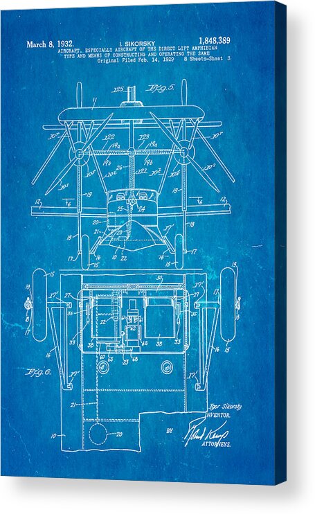 Aviation Acrylic Print featuring the photograph Sikorsky Helicopter Patent Art 3 1932 Blueprint by Ian Monk