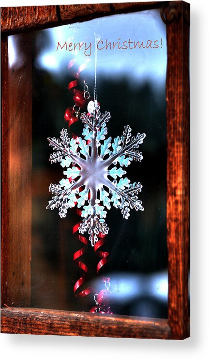 Christmas Acrylic Print featuring the photograph Snowflake In Window Text 20510 by Jerry Sodorff
