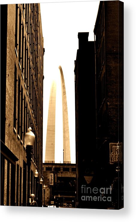St. Louis Acrylic Print featuring the photograph St. Louis Arch Through Buildings by Cat Rondeau