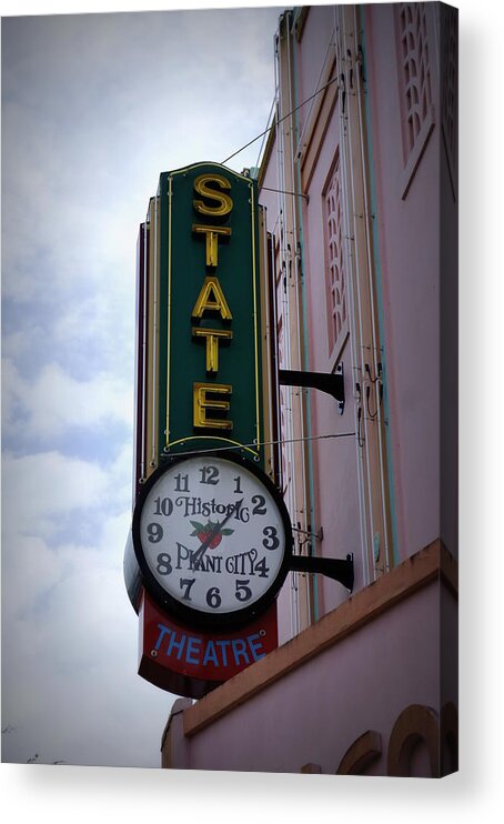 Clock Acrylic Print featuring the photograph State Theatre Sign by Laurie Perry