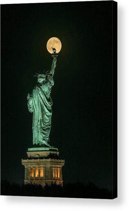 Moon Acrylic Print featuring the photograph Statue Of Liberty by Hua Zhu