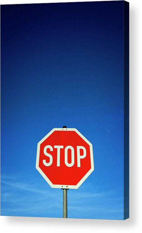 Clear Sky Acrylic Print featuring the photograph Stop Sign And Blue Sky by Thomas Winz