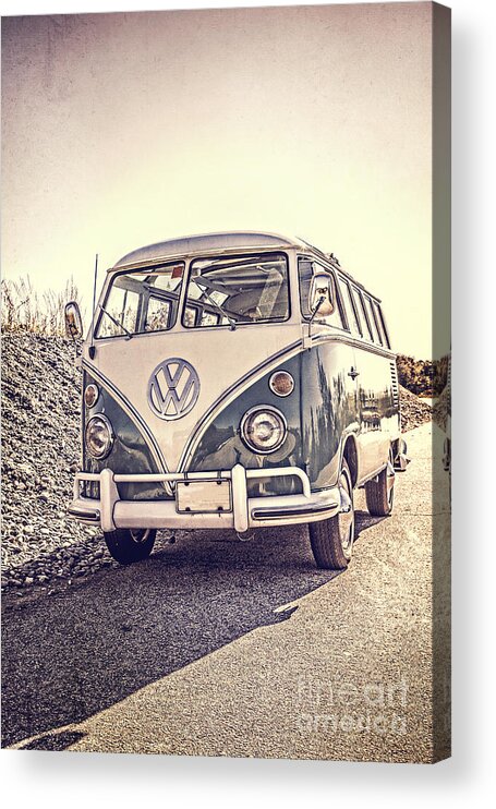 Surfers Vintage Bus Acrylic Print featuring the photograph Surfer's Vintage VW Samba Bus at the beach by Edward Fielding