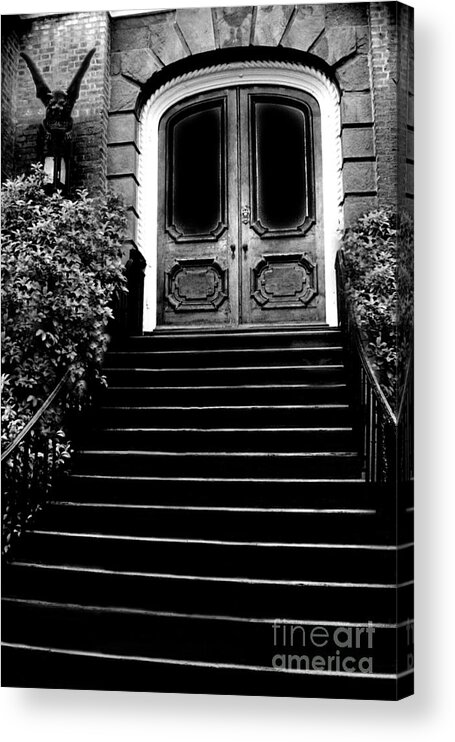 Gargoyle Fantasy Art Prints Acrylic Print featuring the photograph Charleston Surreal Gothic Black and White Staircase and Door With Gargoyle by Kathy Fornal