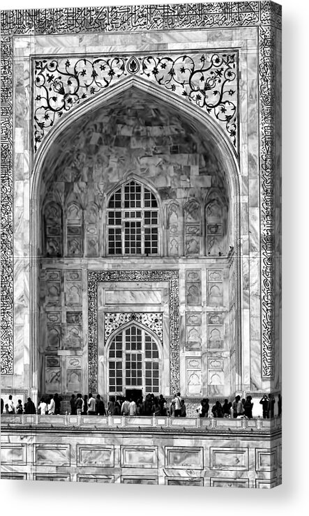 Taj Mahal Acrylic Print featuring the photograph Taj Mahal Close Up in Black and White by Amanda Stadther