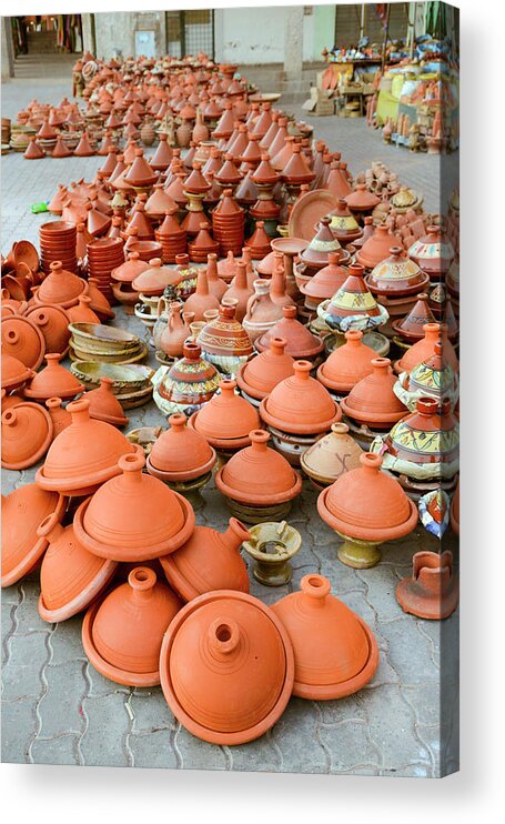 Built Structure Acrylic Print featuring the photograph Tajine Pottery Stacked In A Market by Paolo Negri
